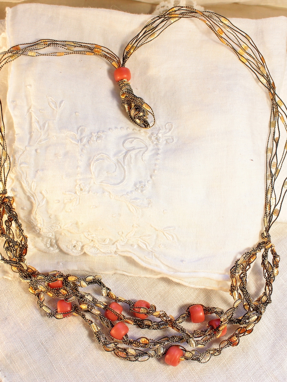 Boho Multi-Strand Brown with Orange Beads Curly Cloth Necklace